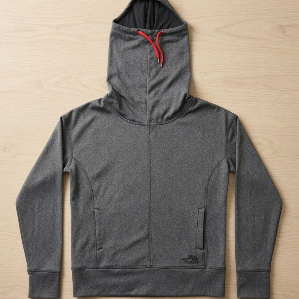 The North Face Womens M Gray Pullover Hoodie Funnel Neck Fleece Red Drawstring